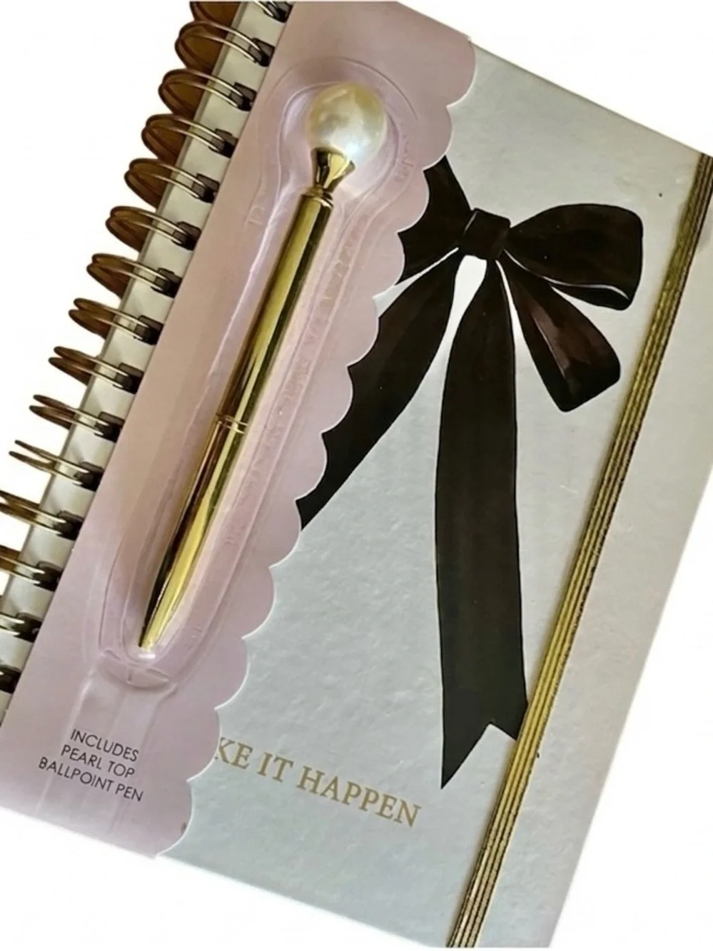 NWT Make it Happen Gold Pearl Pen with Black Bow Journal